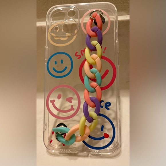 iPhone 13 Clear Colorful Happy Face Designed Handheld Chain Strapped Phone Case - Picture 2 of 5